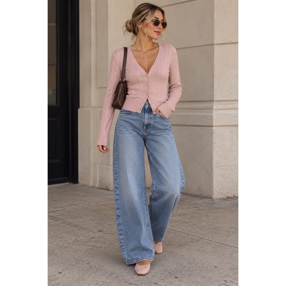 White House Black Market Pink Pointelle Ribbed V-Neck Button Cardigan XL